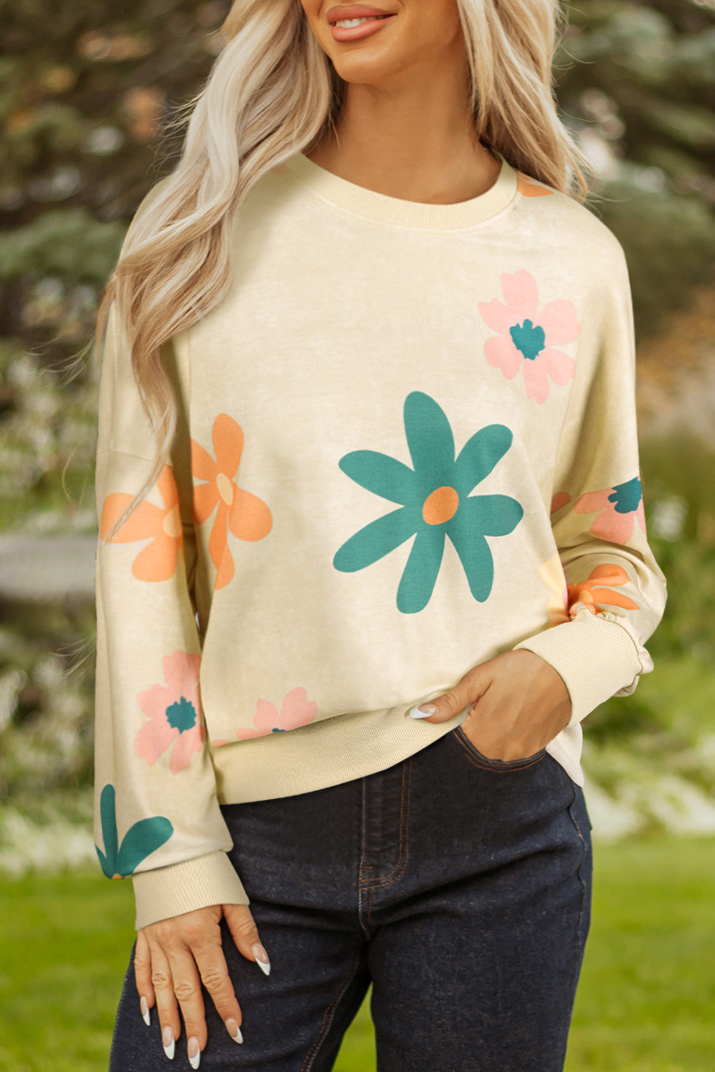 Khaki Mineral Washed French Terry Flower Print Sweatshirt for Women With Relaxed Fit Crew Neck Long Sleeve Dear-Lover Dropshipping